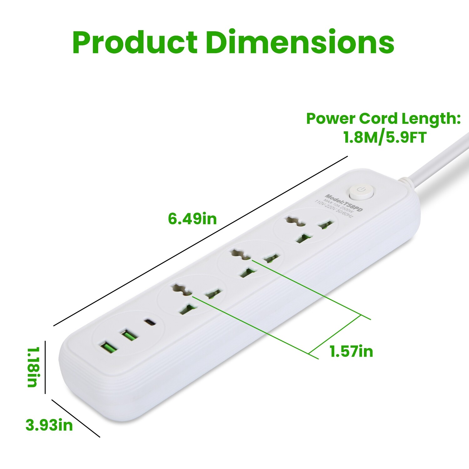 2500W Wall Mount Power Strip – 6/8 Ports Perfect for Home Office & Travel