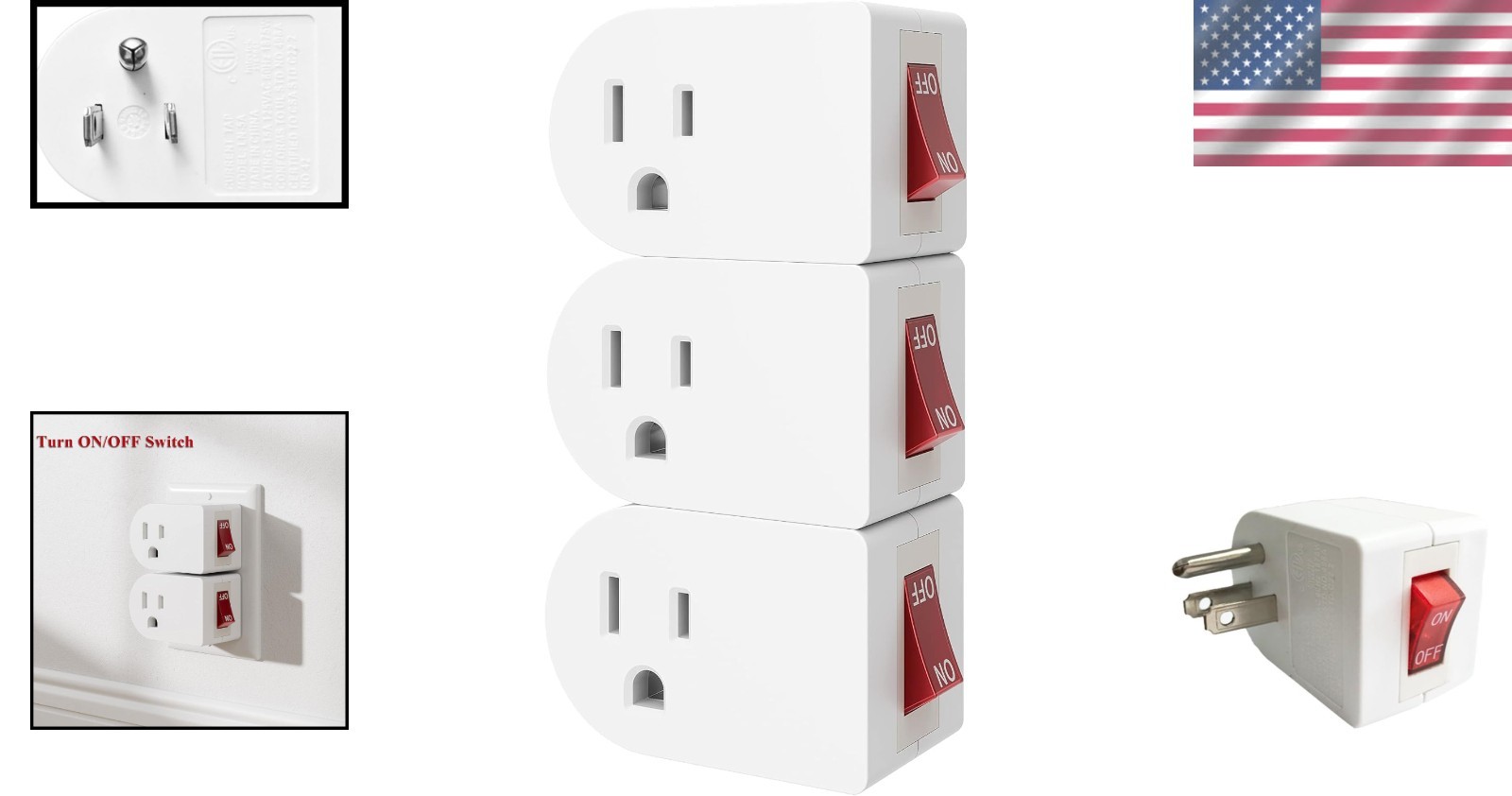 3 Pack Grounded Outlet Tap Adapter with On/Off Switch for Safe Energy Savings