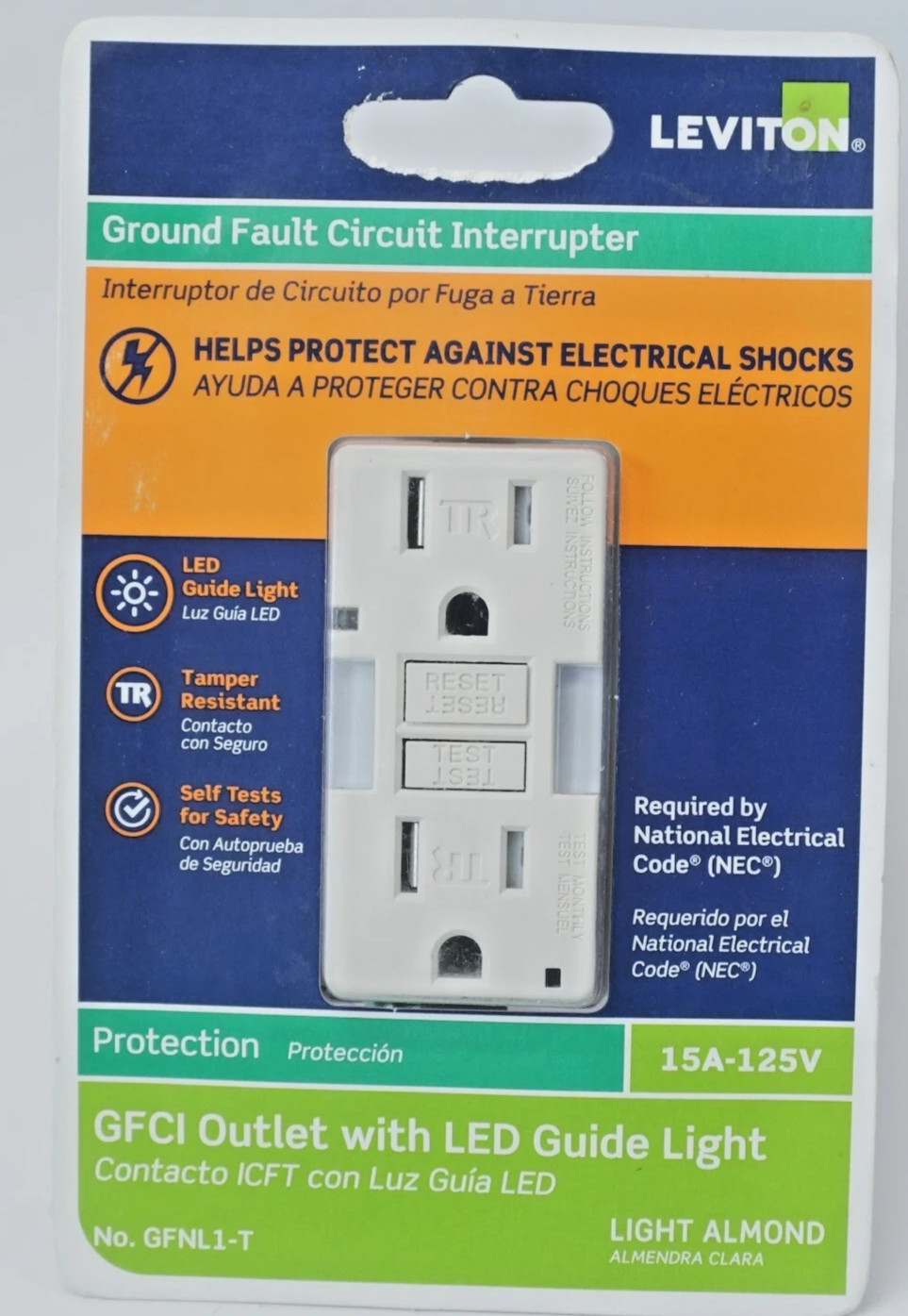 Leviton GFNL1-T 125V SLIM Almond GFCI Tamper-Resistant Receptacle w/ LED Light