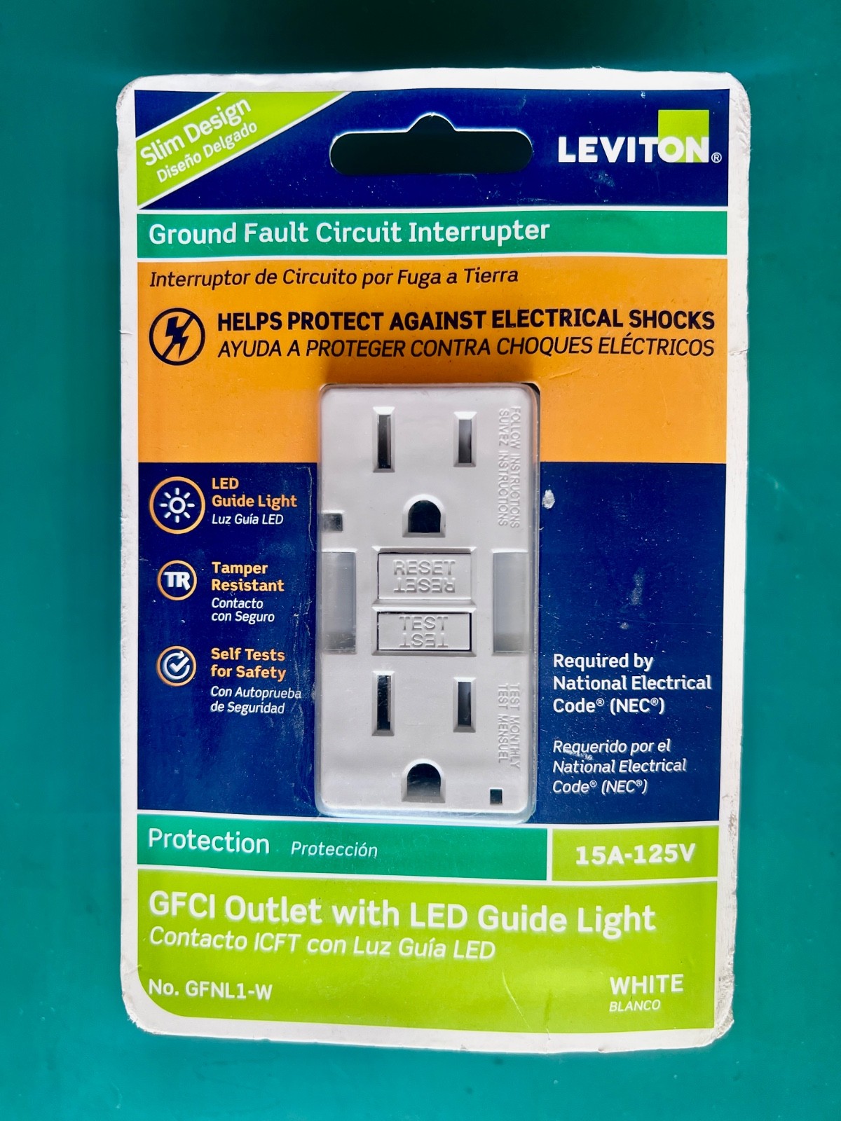 Leviton GFCI guide light Slim Design Self Test White GFNL1-W