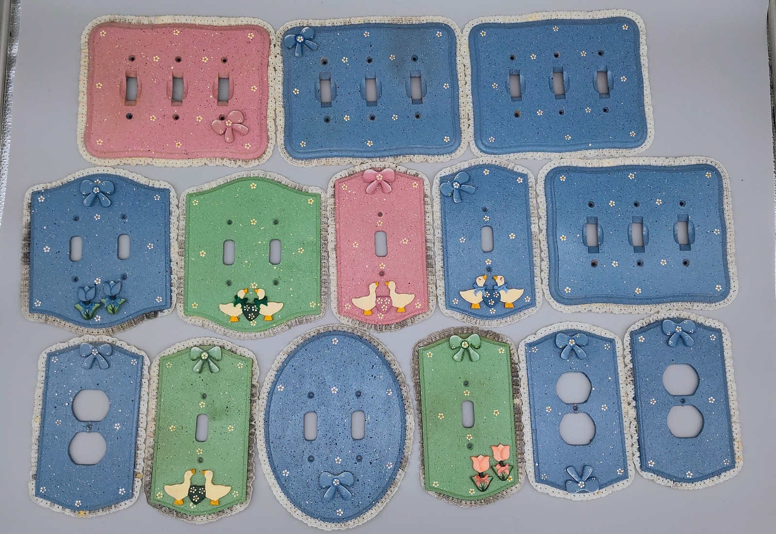 Vintage 1980s Country Goose Switch Plate Covers Lot 13pc w/ Screws Blue Pink Gre