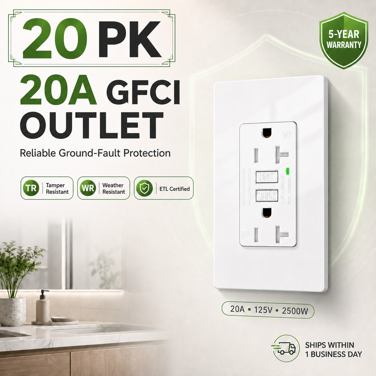20 Amp GFCI Outlet 125V 60Hz TR WR Receptacle LED Indicator Wall Plate ETL 20PK