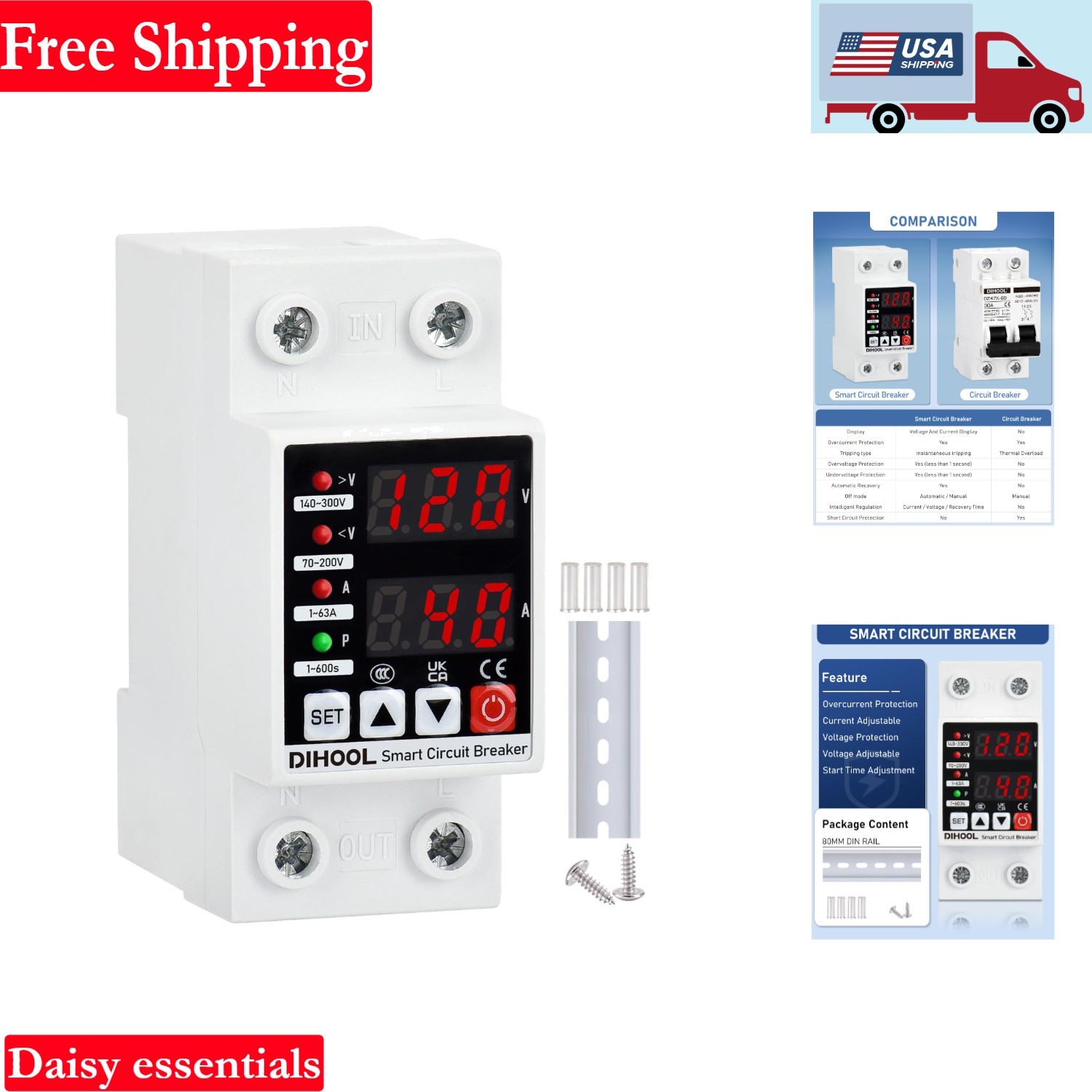 Adjustable Voltage Protector 0V-220V 63A Overcurrent & Overvoltage Cutoff