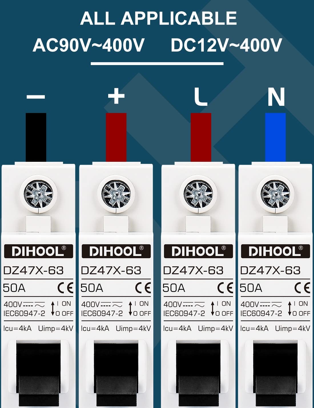 Dihool Ac/Dc Miniature Circuit Breakers 2 Pack Single Pole 50 Amp 12V 24V 48V