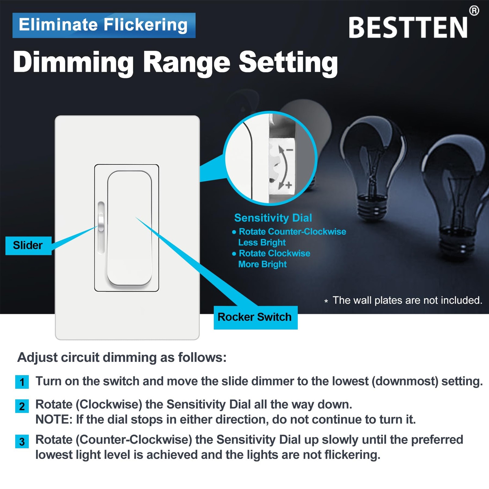 Bestten 10 Pack Super Slim Dimmer Light Switch Single Pole Or 3 Way Quiet Slide