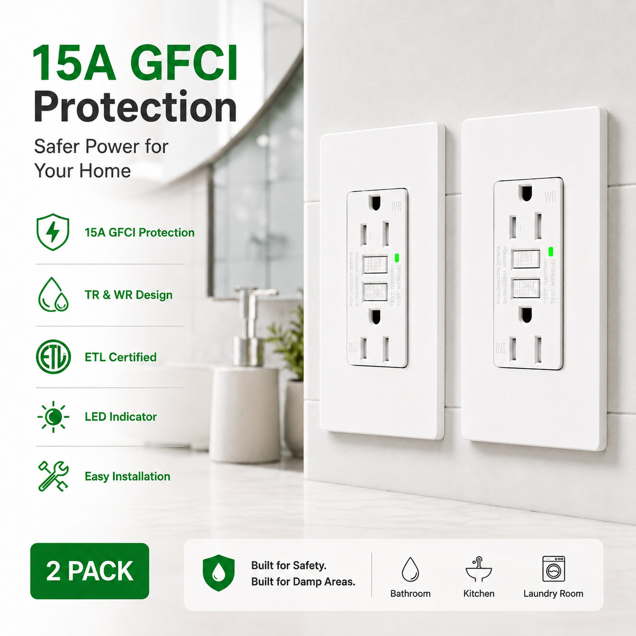 15 Amp GFCI Outlet TR Weather Resistant Back & Side Wiring Easy Install ETL 2PK