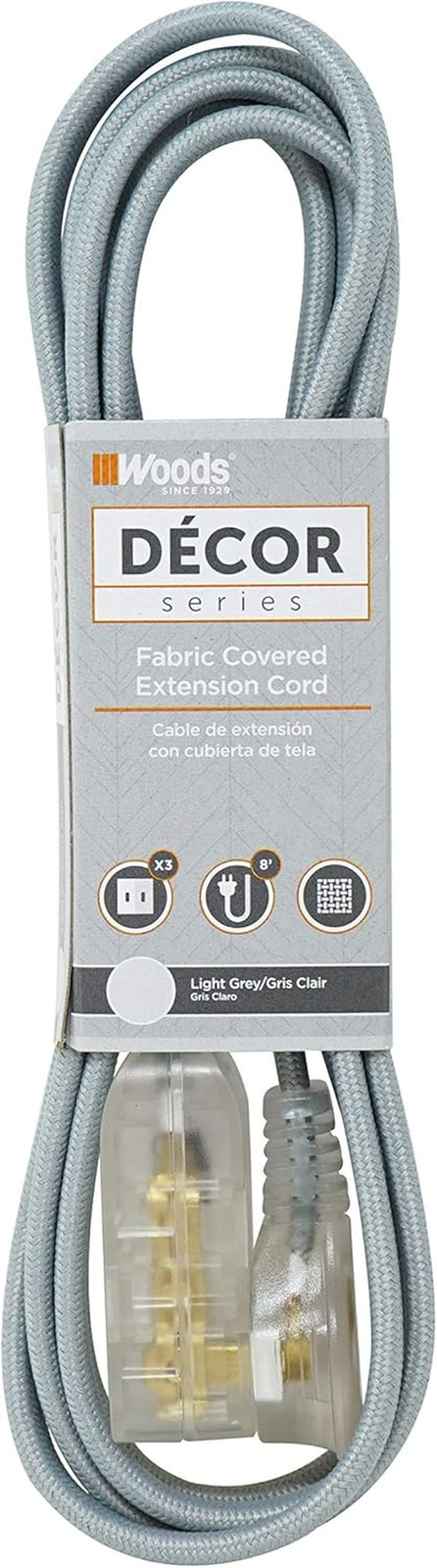 Fabric Braided Extension Cord 8ft 3 Outlet Right Angle Plug Gray