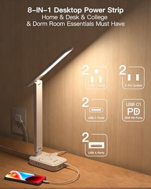 8-in-1 LED Desk Lamp with Power Strip, PD 30W Touch Desk Lamp, 4 Outlets & 4