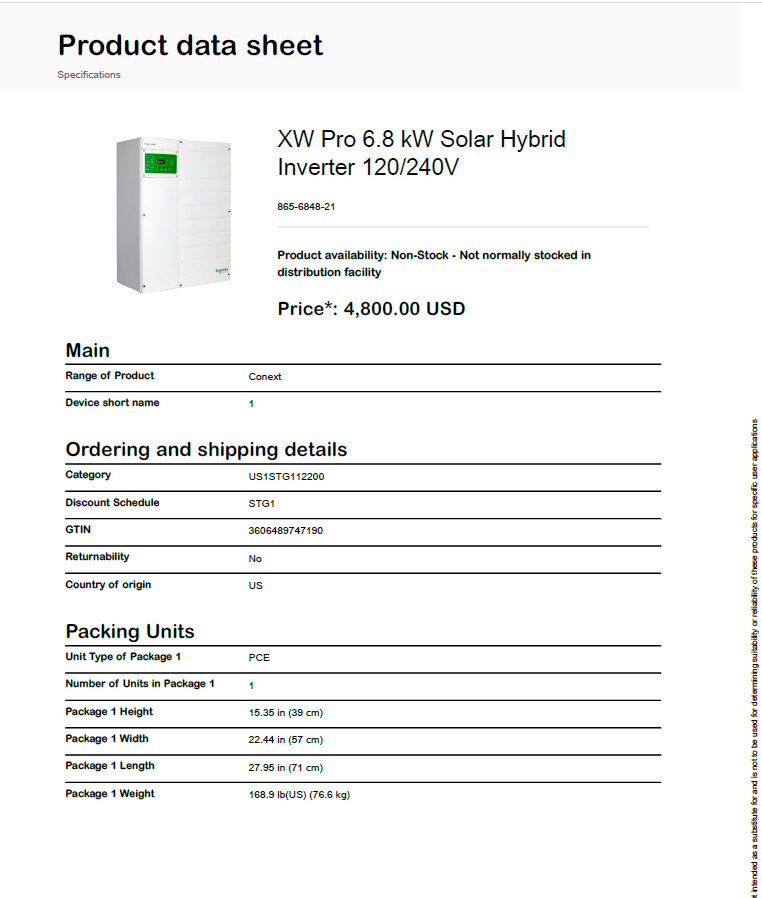 Premium Schneider Inverter Charger Conext XWPro 6.8KW 120/240VAC