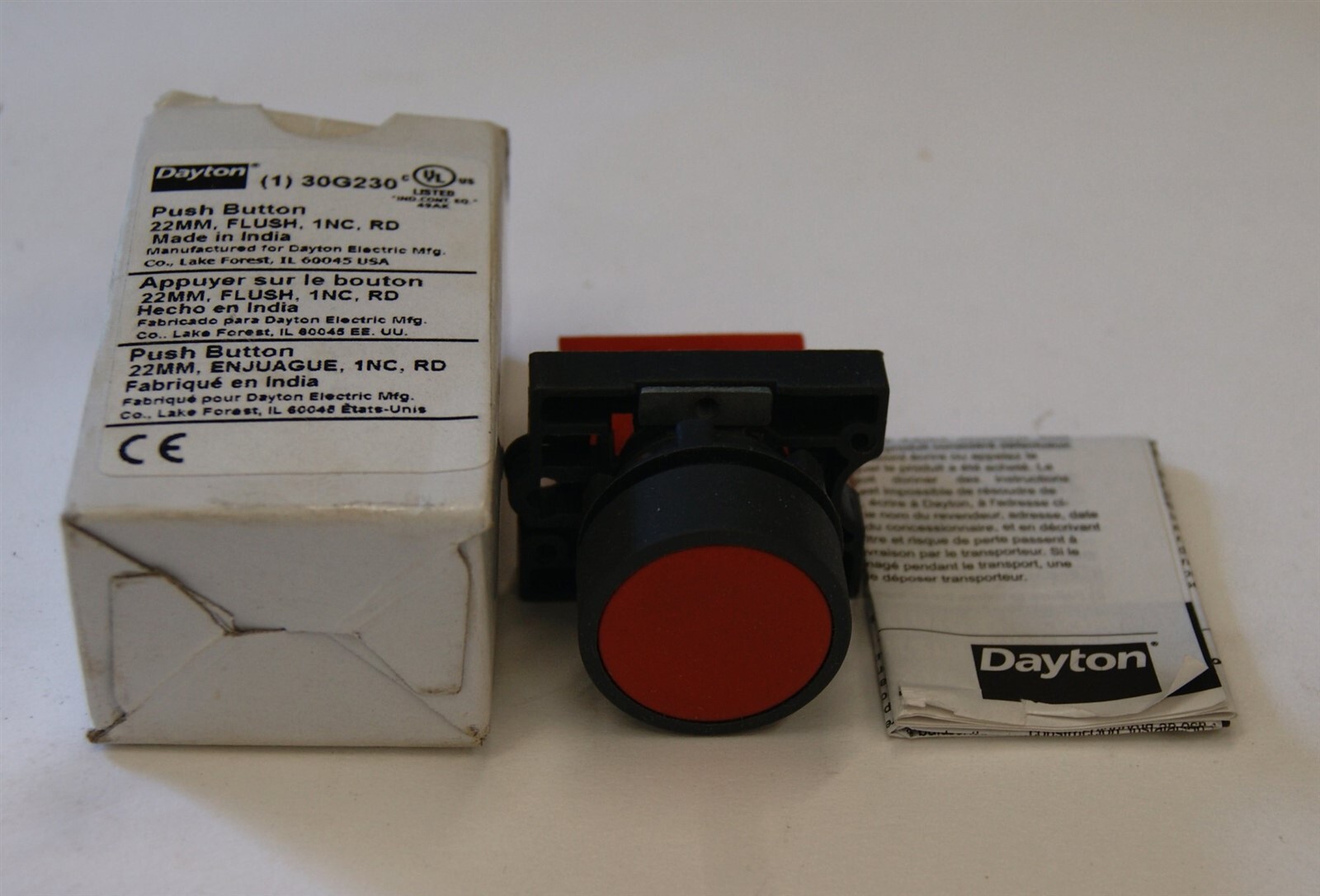Dayton 30G230 Non-Illuminated Push Button, 22 Mm, 1Nc, Red BN3278