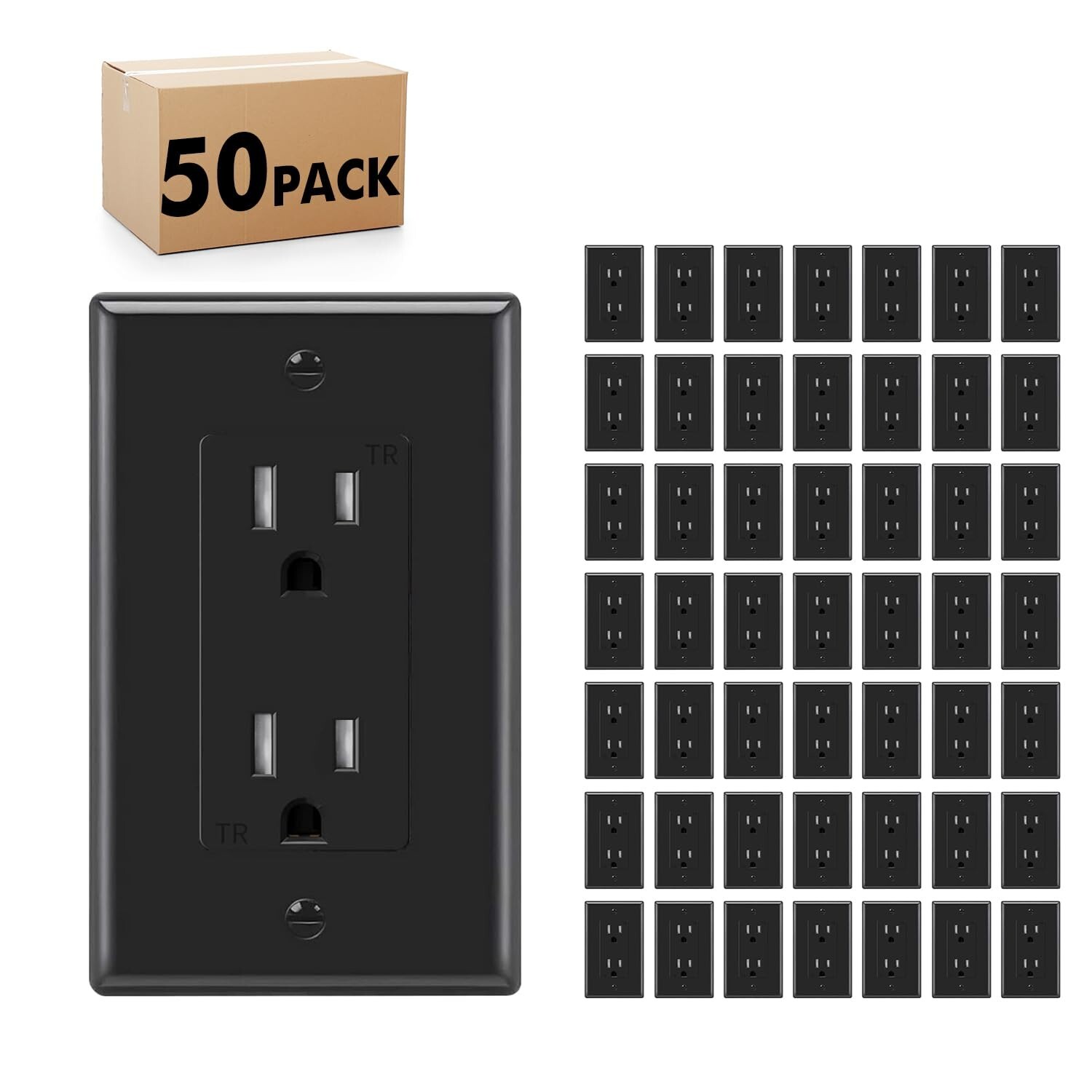 50Pack Black Outlet Socket, Decora Duplex Receptacle 15 Amp, 125 Volt With plate