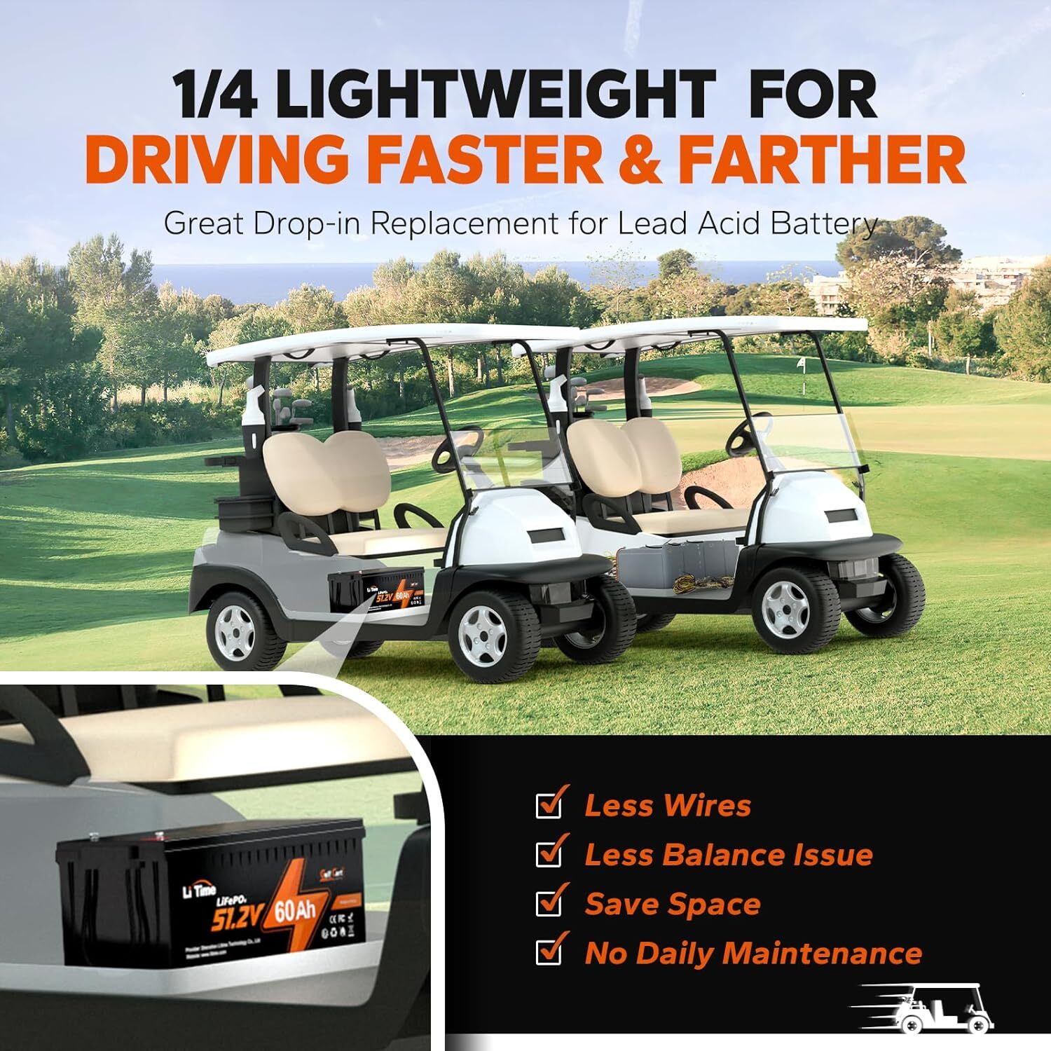 LiTime 48V 30Ah 60Ah 100Ah LiFePO4 Lithium Battery BMS Born For Golf Cart Lot