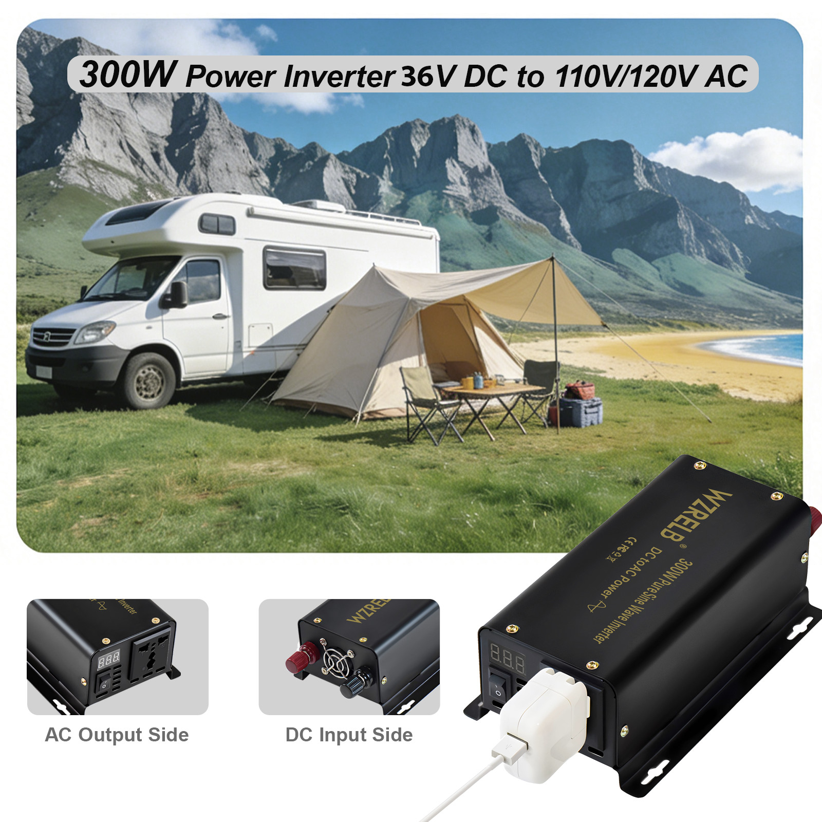 300W Pure Sine Wave Power Inverter 36V to 110V/120V DC to AC 60HZ LCD camp rv