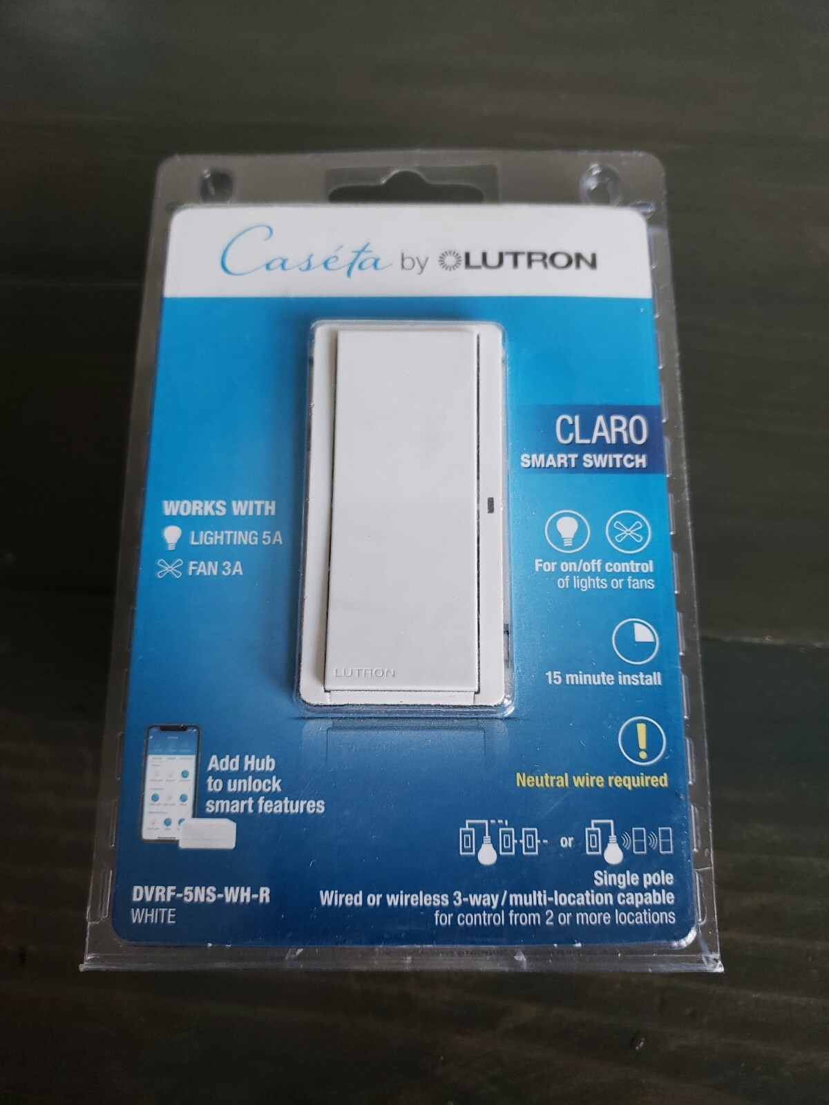Lutron Claro Smart Switch on/off of lights or fans (DVRF-5NS-WH-R)White NEW