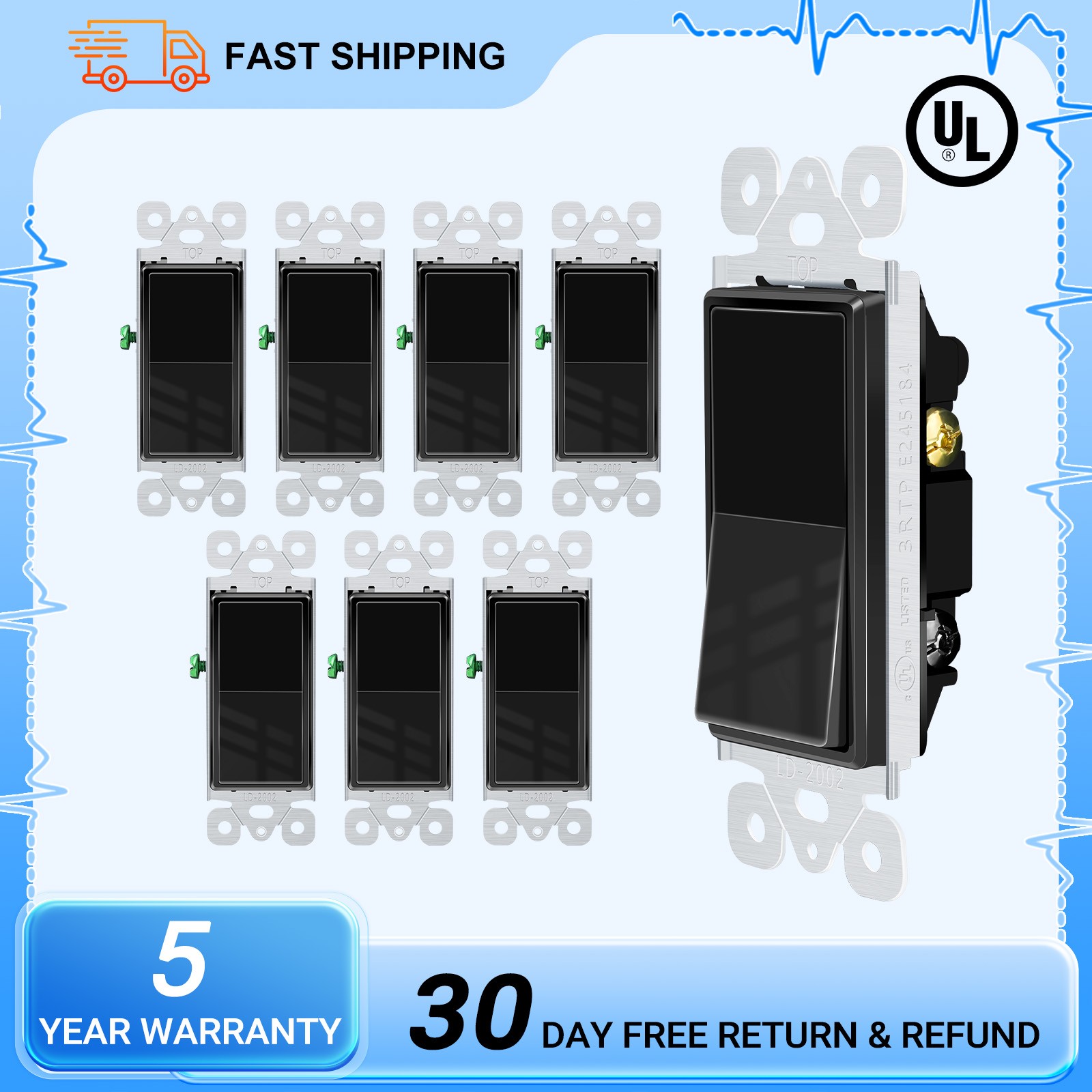 15A 120/277V Black Single Pole Rocker Light Switch UL/CUL Listed Home Use 8PK