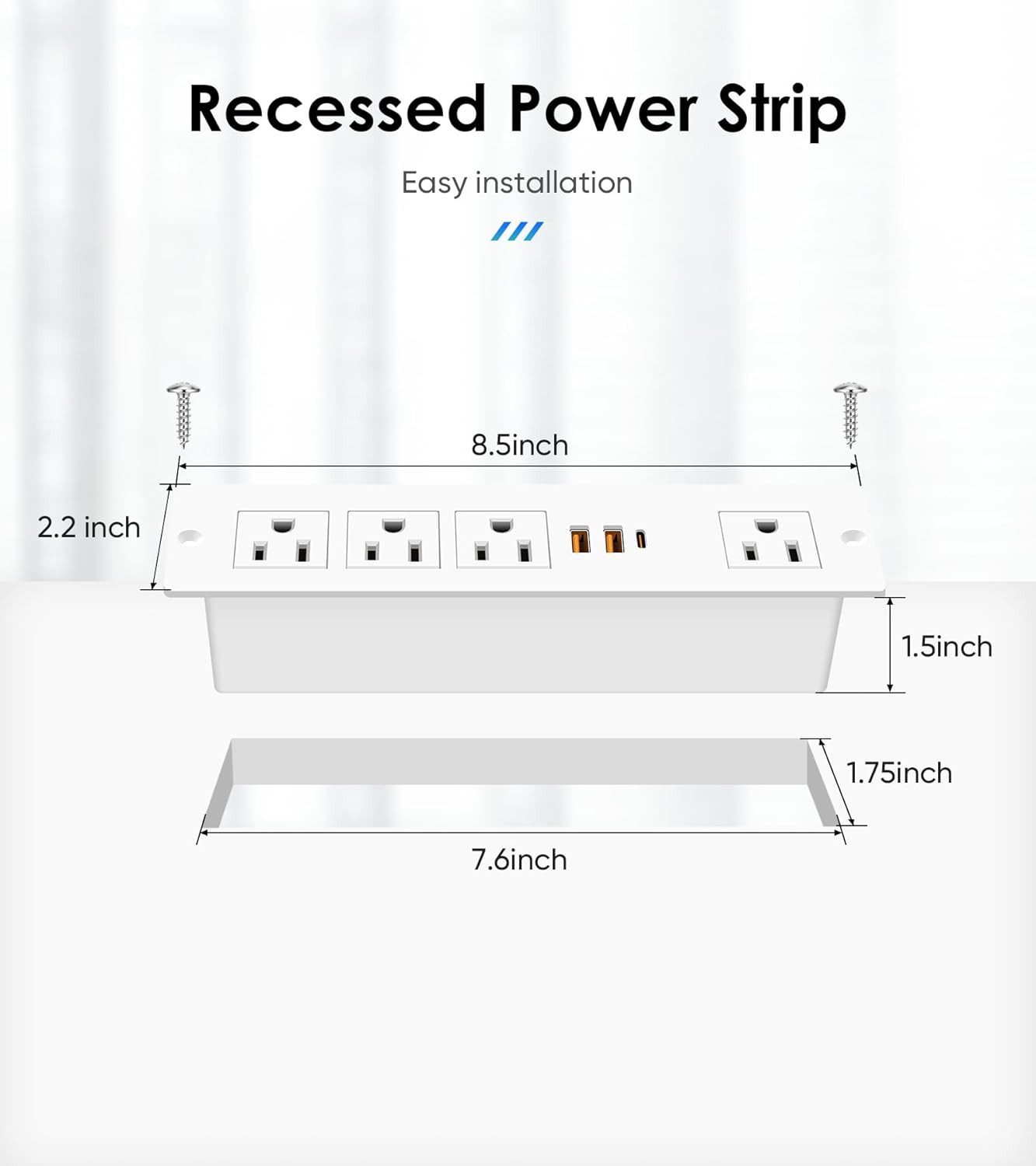 Recessed Power Strip with PD 20W USB-C, Flush Mounted Drawer Outlet, 4 Outlets &