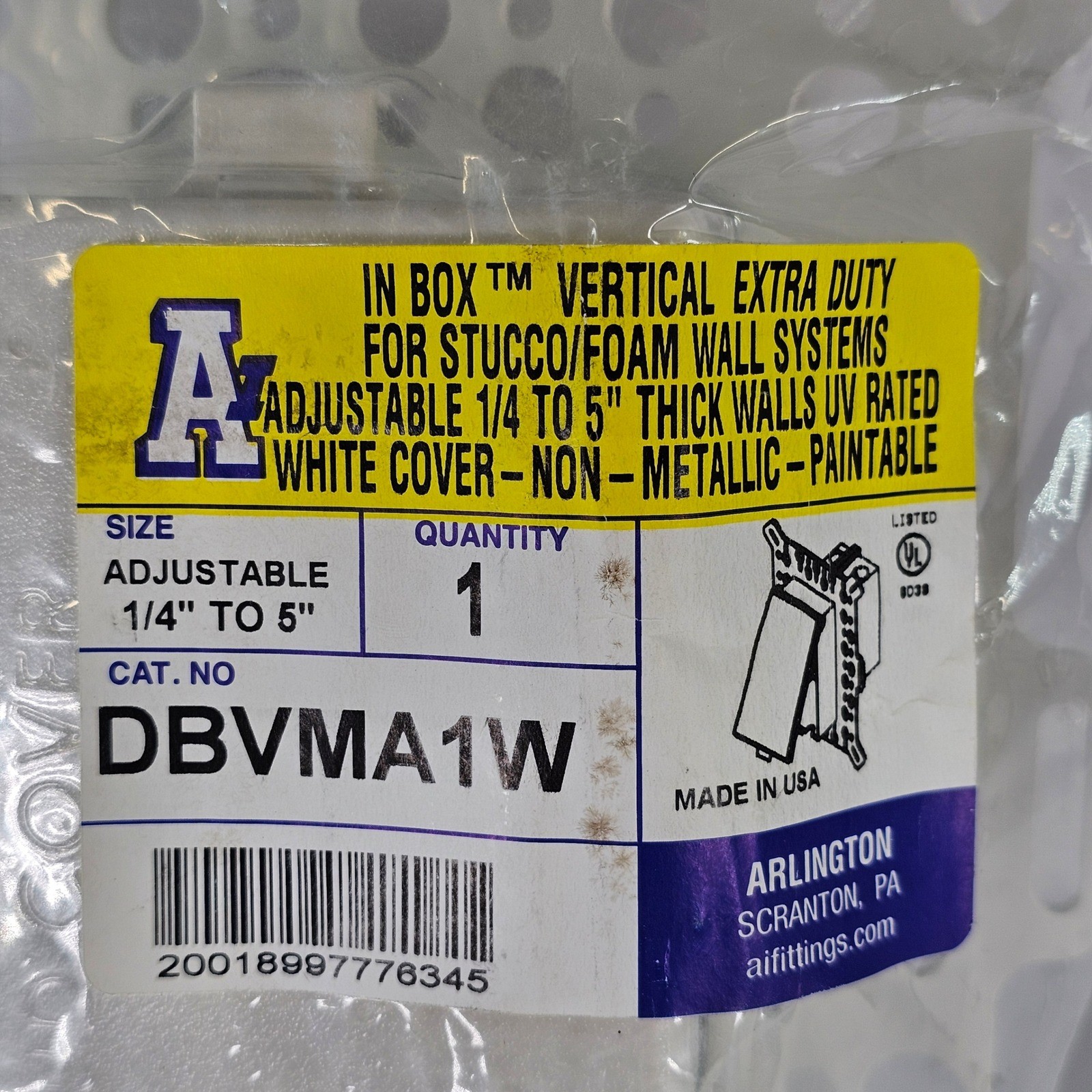 New Arlington DBVMA1W BOX Vertical Extra Duty Stucco Foam Wall Adjustable White