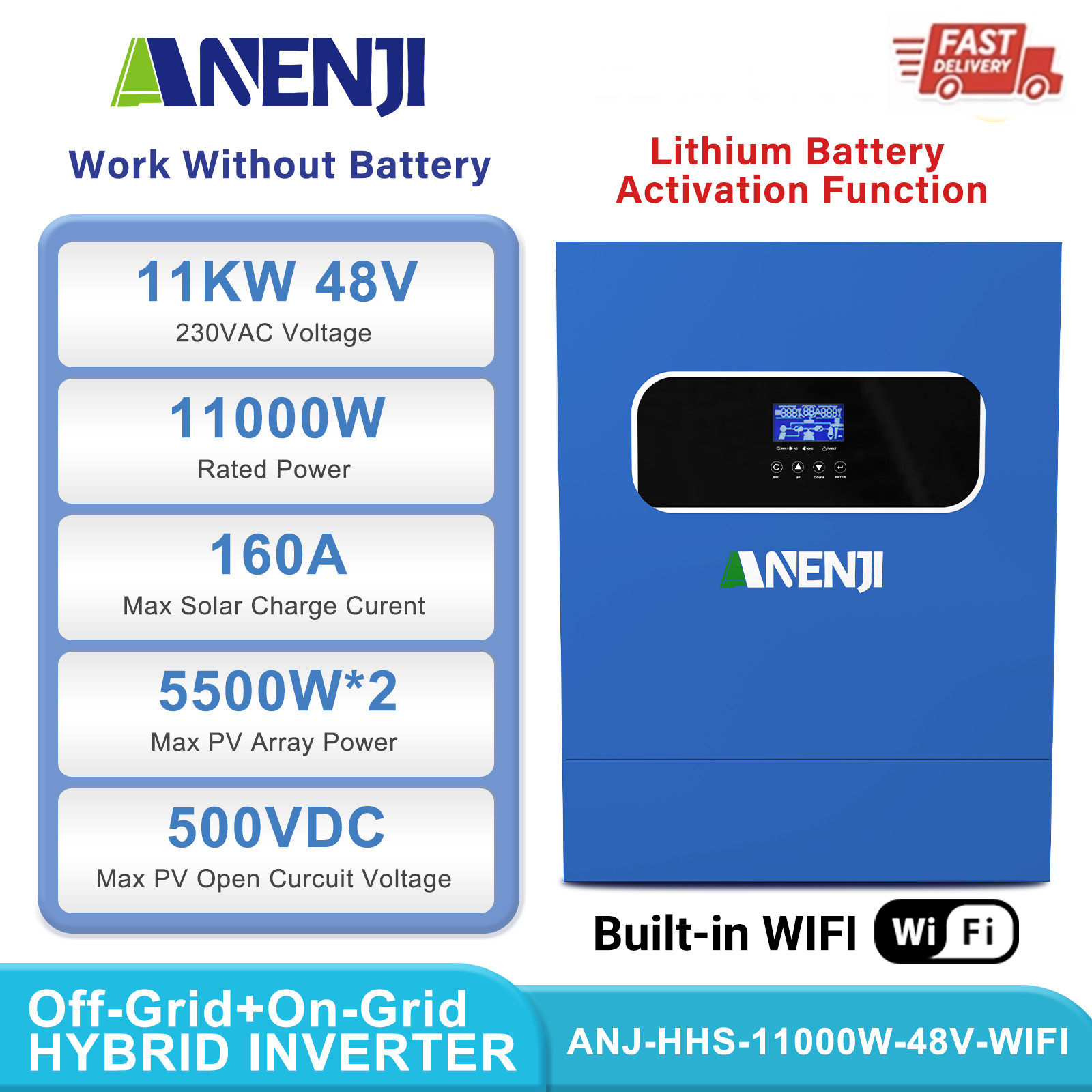 11KW 48V Hybrid Solar Inverter On/Off-Grid Dual MPPT 160A Charger Controller NEW