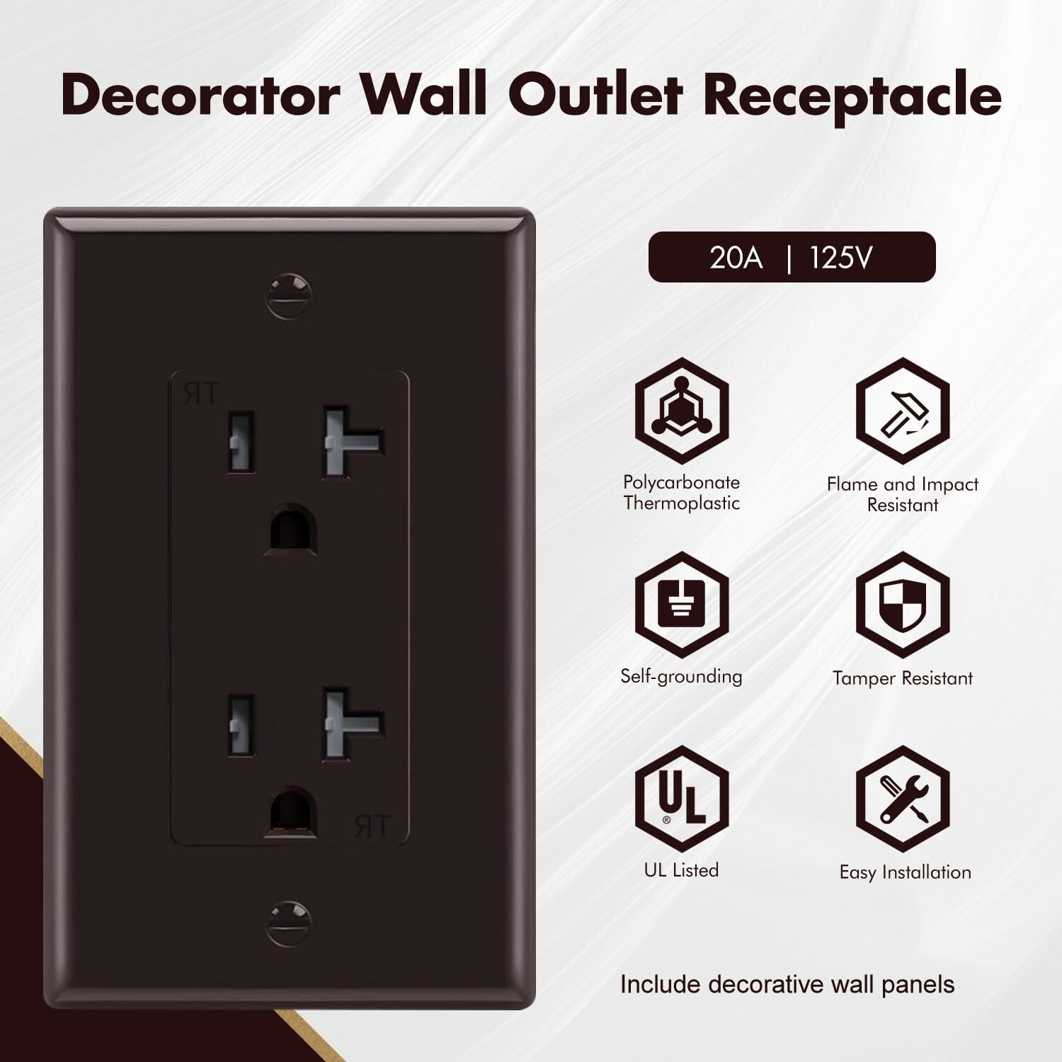 10pack Brown Outlet Socket, Decora Duplex Receptacle, 20 Amp 125 Volt With Plate