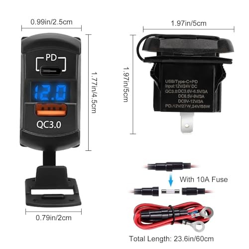 ​ Car Rocker Switch Outlet, 36W QC3.0 USB-A Port & 55W PD Port Charger Socket 1