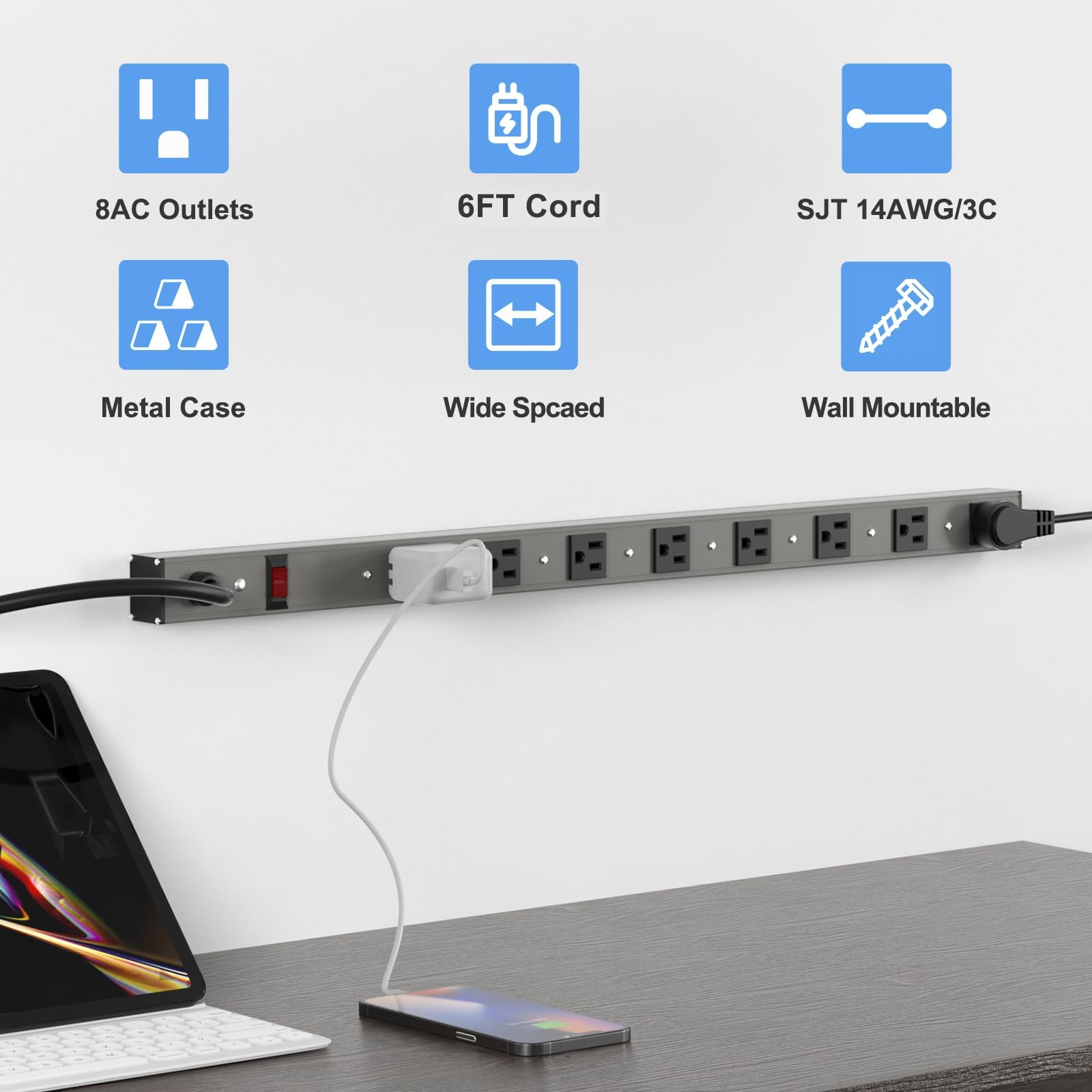 8 Outlets Surged Aluminum Alloy Heavy Duty Metal Socket Power Strip 6foot Long E