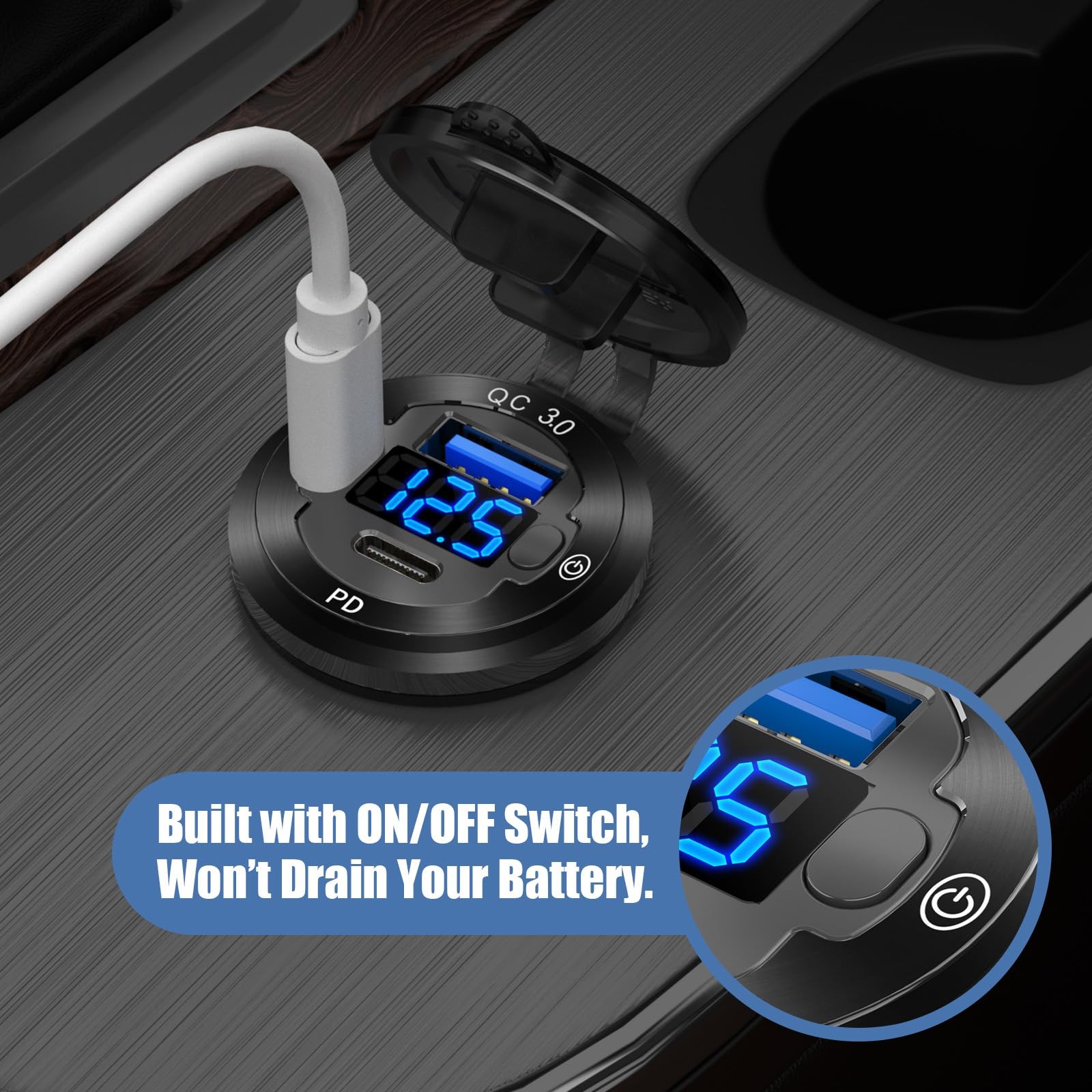 12V USB Car Socket Round C Outlet, 3-Port Marine Fast pack of one
