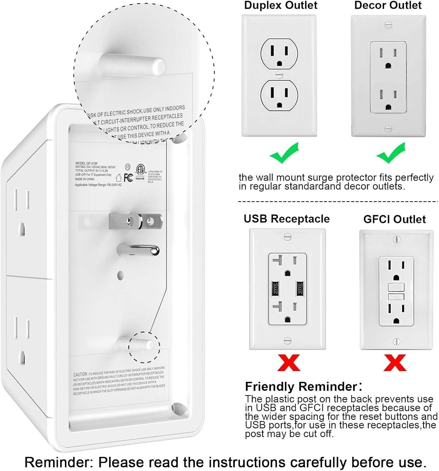 Toma de Corriente con Enchufe de USB Pared Sobretension Electrica 4.2A Nuevo USA