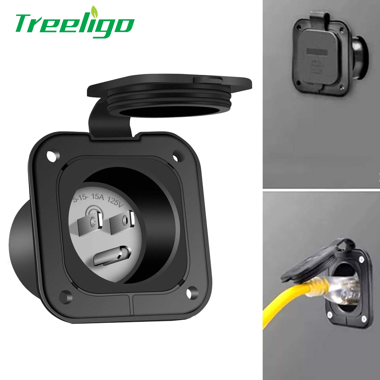 NEMA 5-15 RV Shore 125V Power Inlet Plug Port w/Waterproof Cap 15A Flanged Inlet