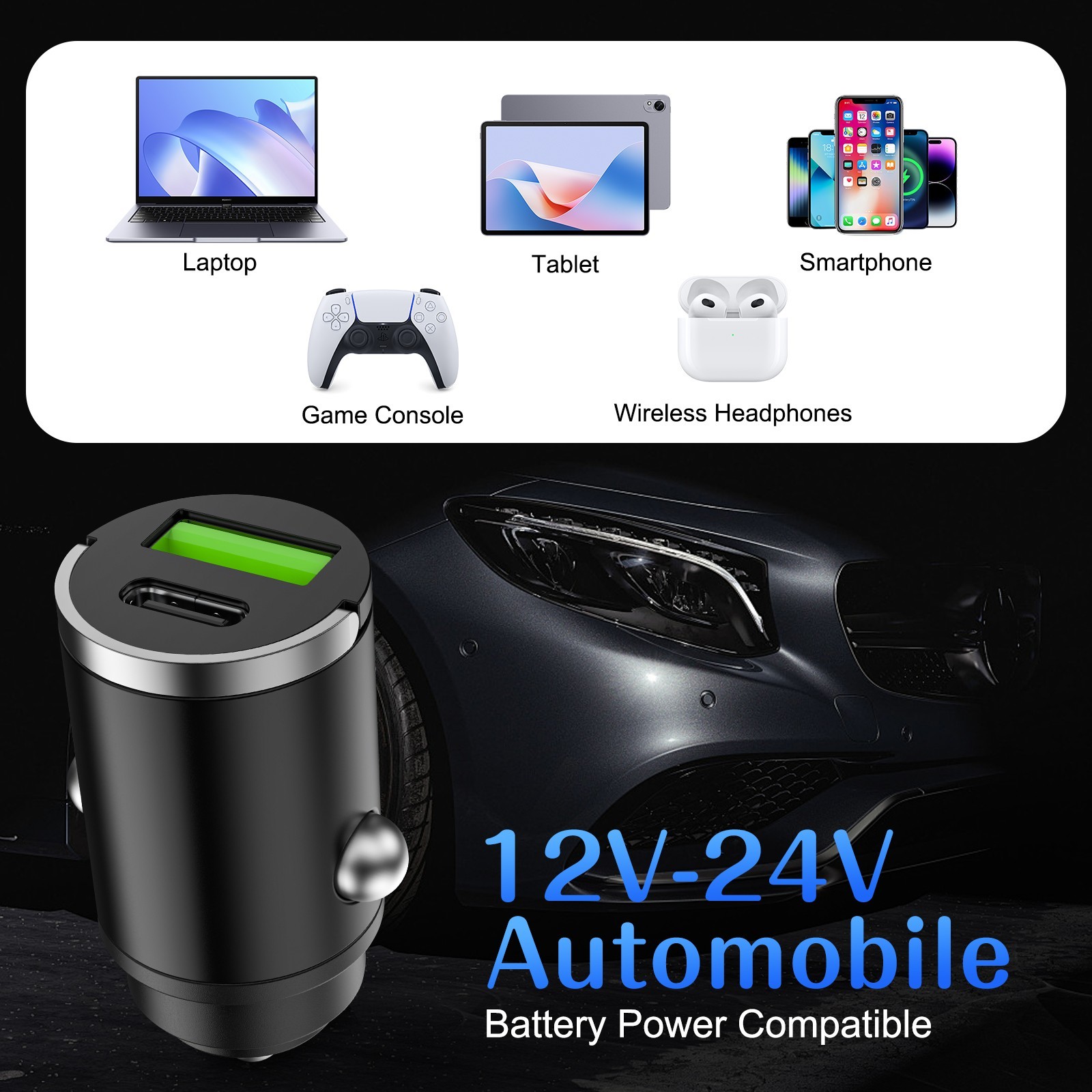 100W Port Car Charger w/ USB C PD USB-A QC 3.0 Fast Charging Thermal Protection