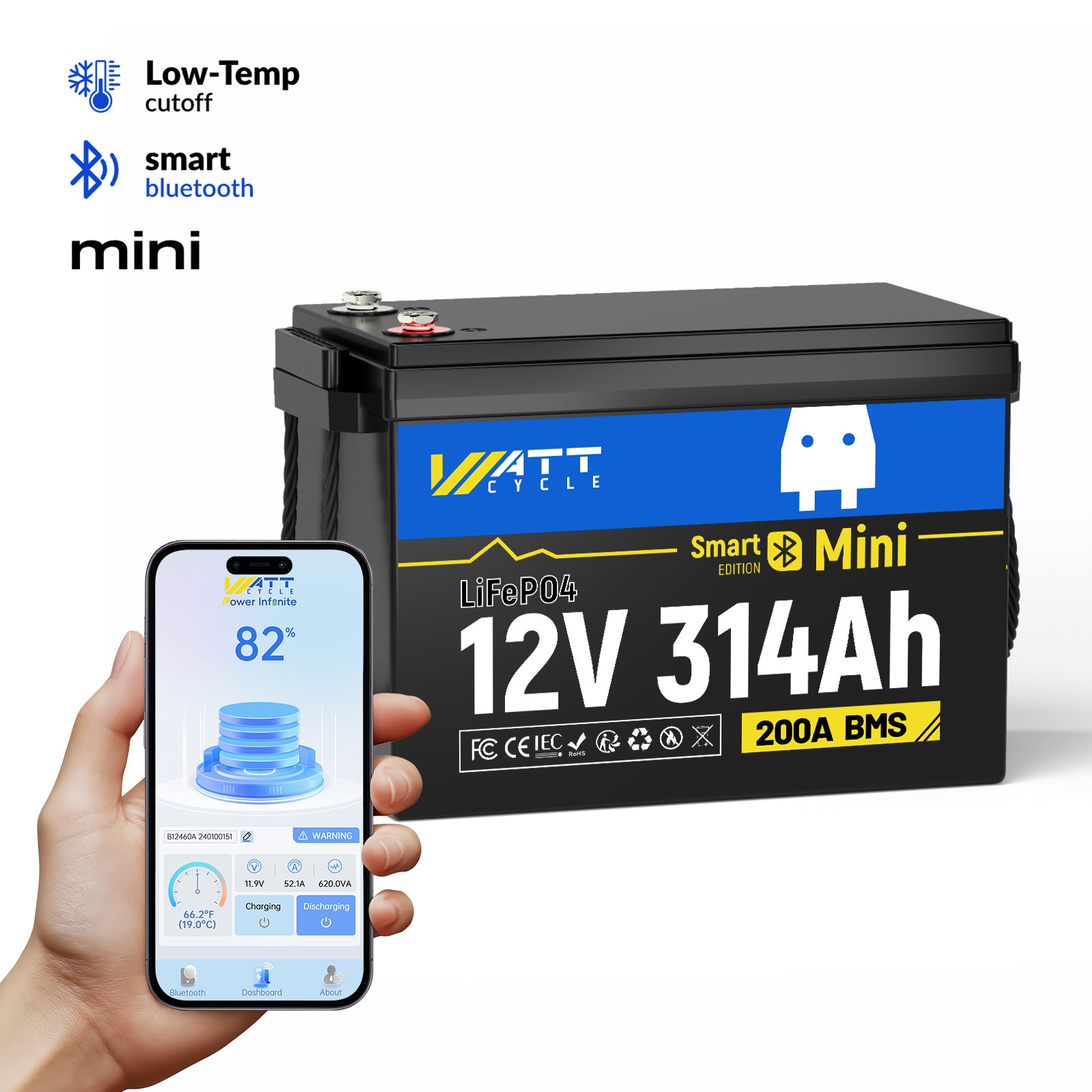 WattCycle 12V 314Ah 300Ah LiFePO4 Deep Cycle Low-Temp Battery RV Solar Marine