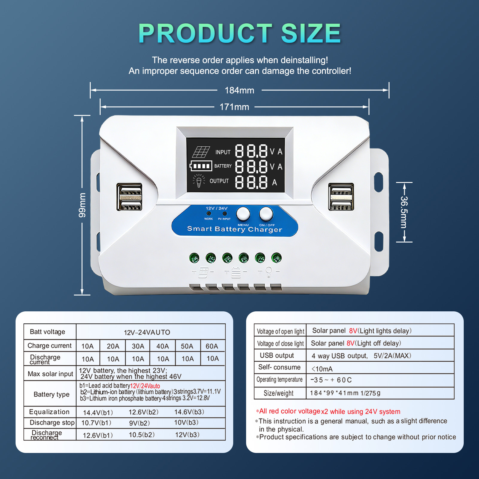 30A Solar Charge Controller 20A PWM Regulator for 12V 24V with 4 USB Ports