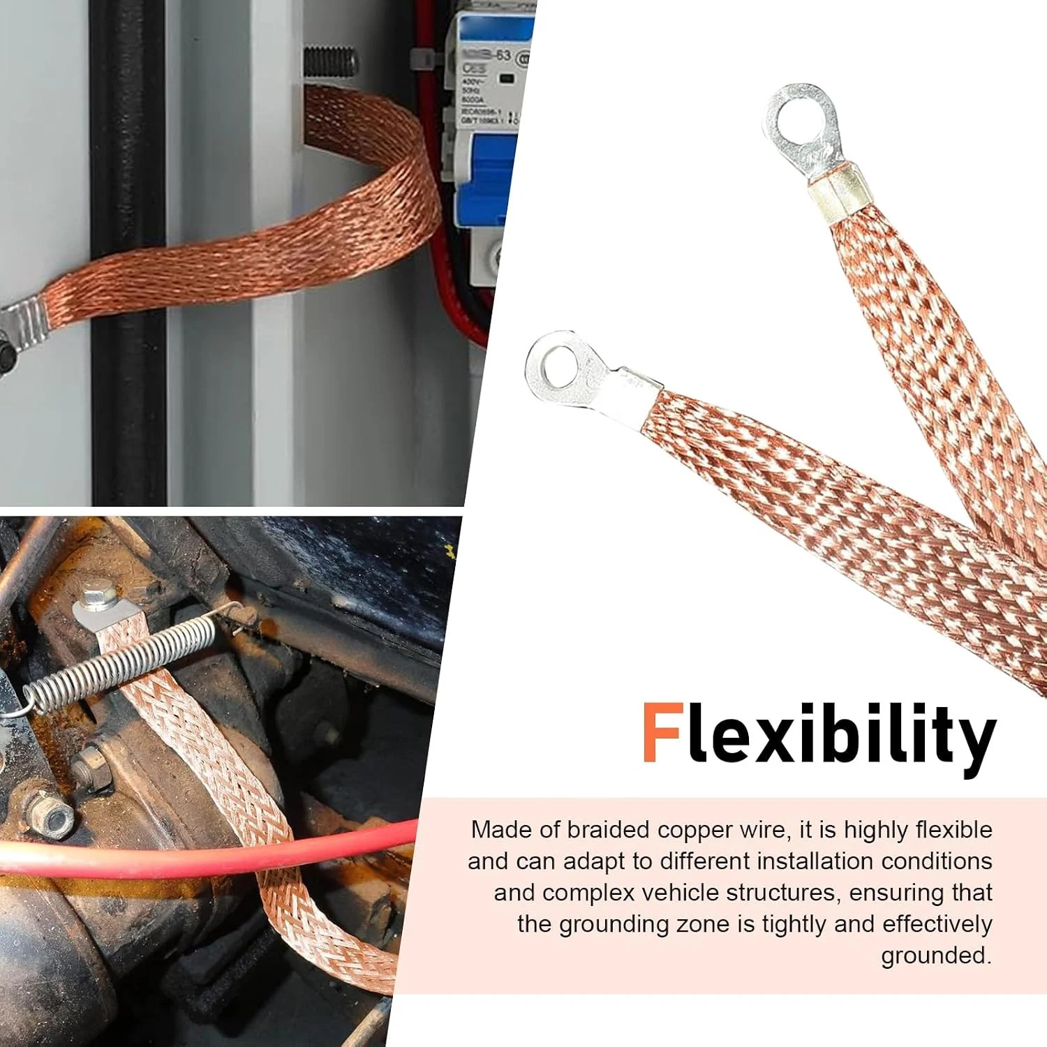 5 PCS Car Ground Wires, 2 Sizes Copper Braided Grounding Strap, Flexible Ring Te