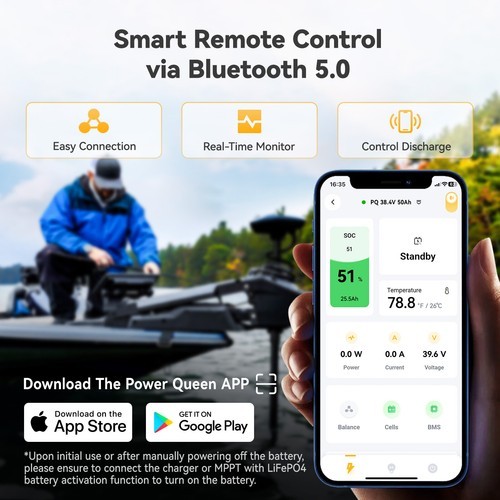 Power Queen 36V 50Ah Bluetooth Group31 LiFePO4 Battery for Marine Trolling Motor