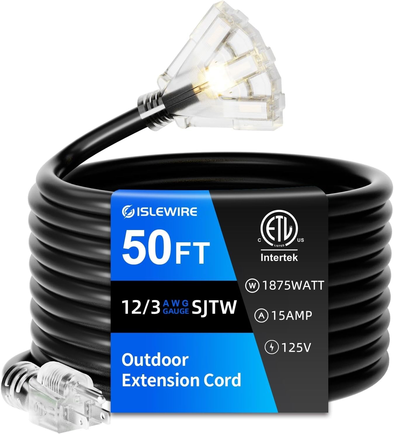 50Ft Outdoor Extension Cord w 3 Outlets, 12GA, 15A, 125V, 1875W for Home, Garden