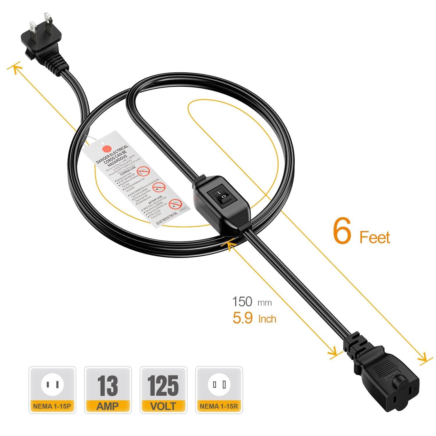 [6-Feet] On Off Switch Extension Cord, Right Angle 2-Prong Polarized Extensio…