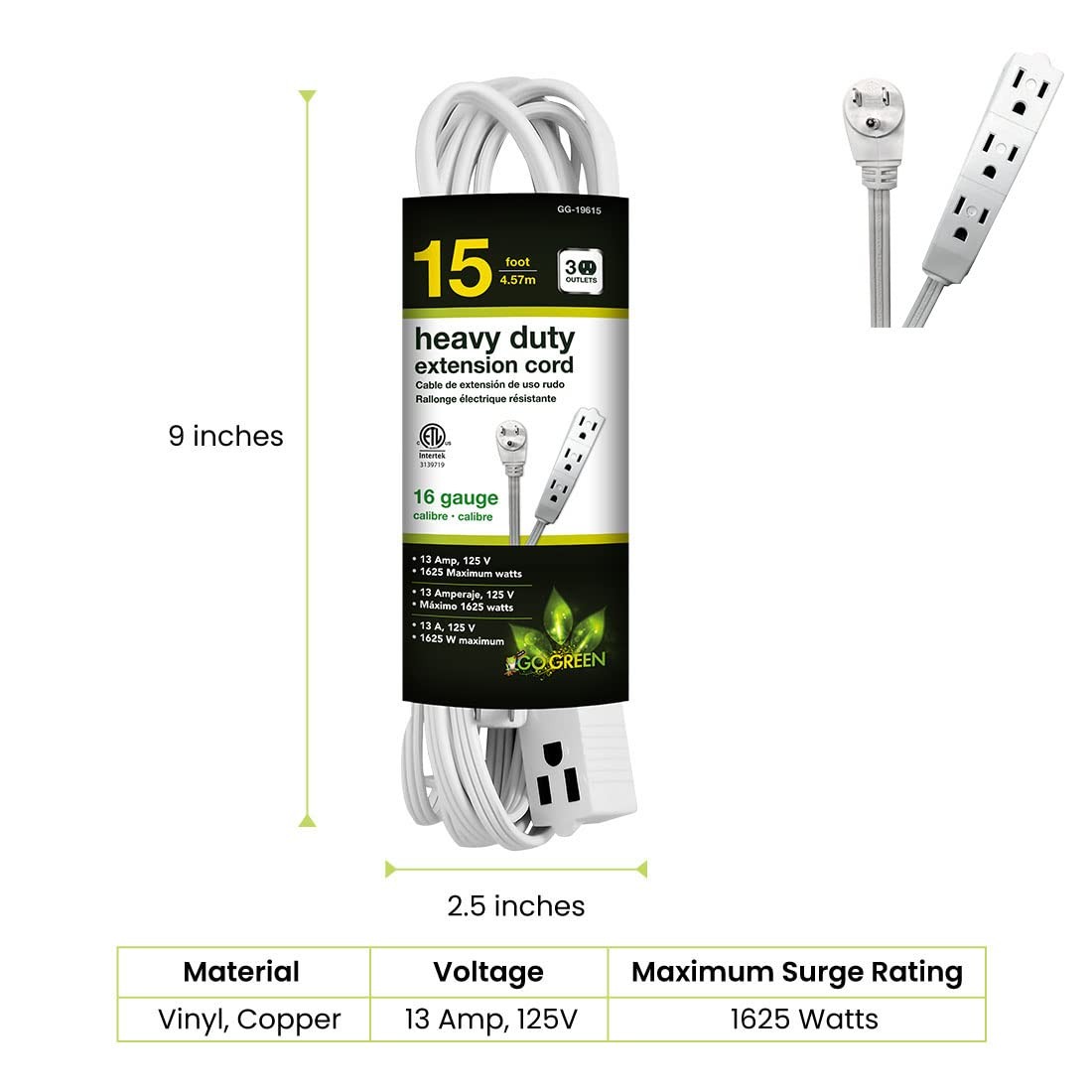 Go Green Power Inc. 15ft Extension Cord with 3 Outlets, White – Compact, Flus…