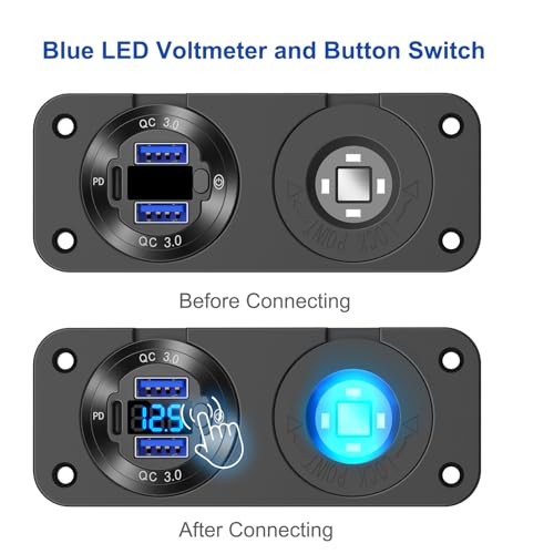 12V USB Outlet Marine Switch Panel Plug, PD3.0 and Dual QC3.0 Charger+Socket