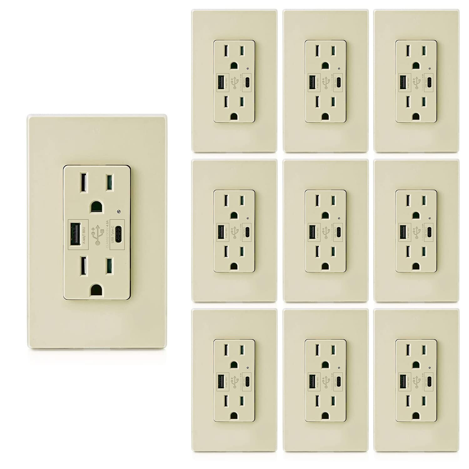 10 Pack 4.8A USB C Outlet PD 24W 125 Volt,15 Amp Tamper-Resistant Outlet