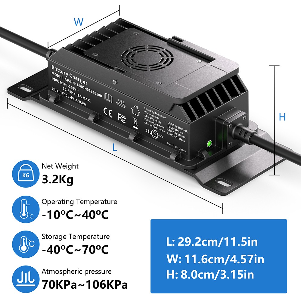 58.4V 20A LiFePO4 Lithium Battery Charger Fast Charging for 48V Lithium Battery