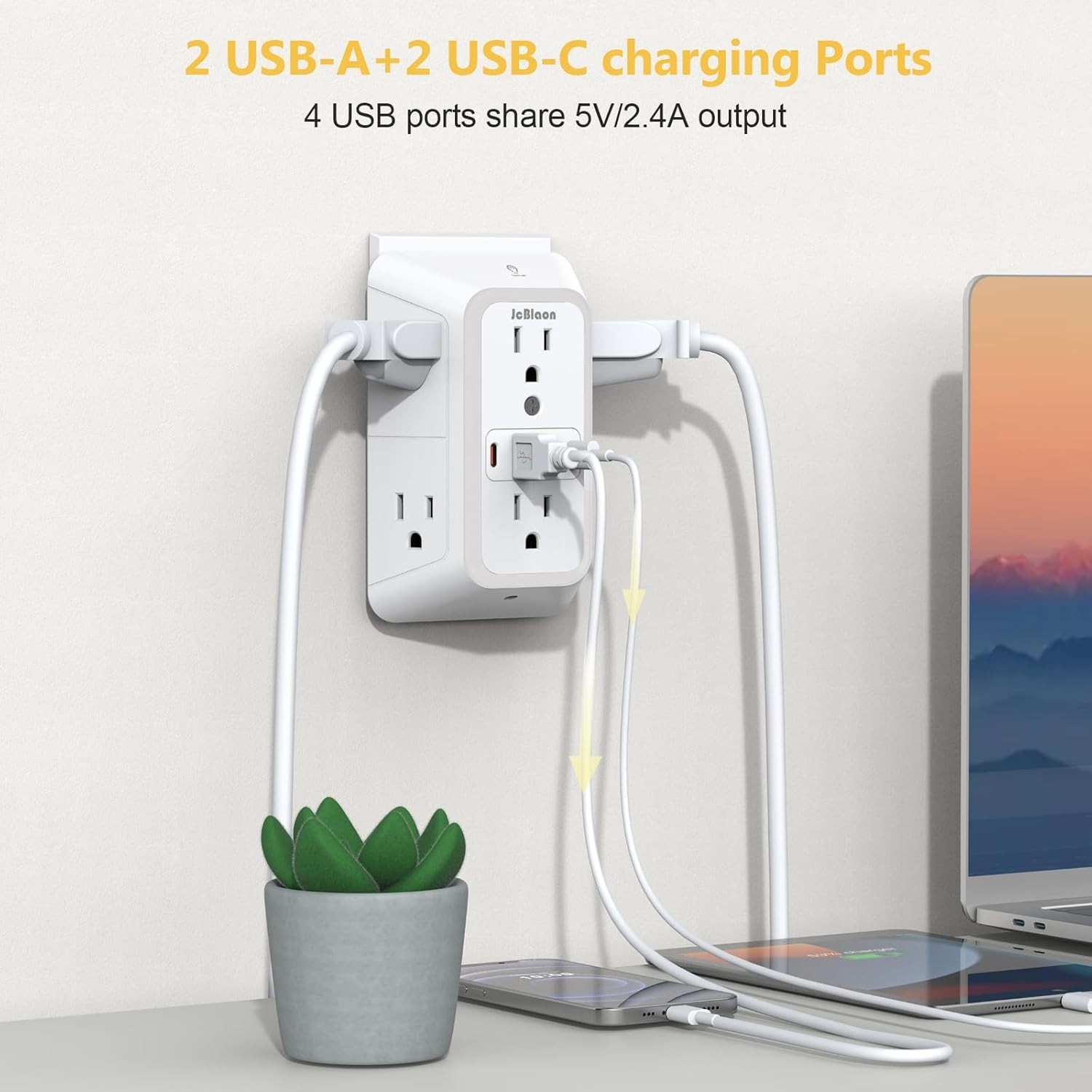 Wall Outlet Extender with Night Light, Power Plug Adapter 6 Outlet Extender with