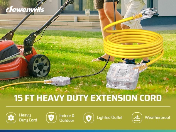 DEWENWILS 15FT Heavy Duty Extension Cord 14AWG, 6 Outlets, Waterproof Switch