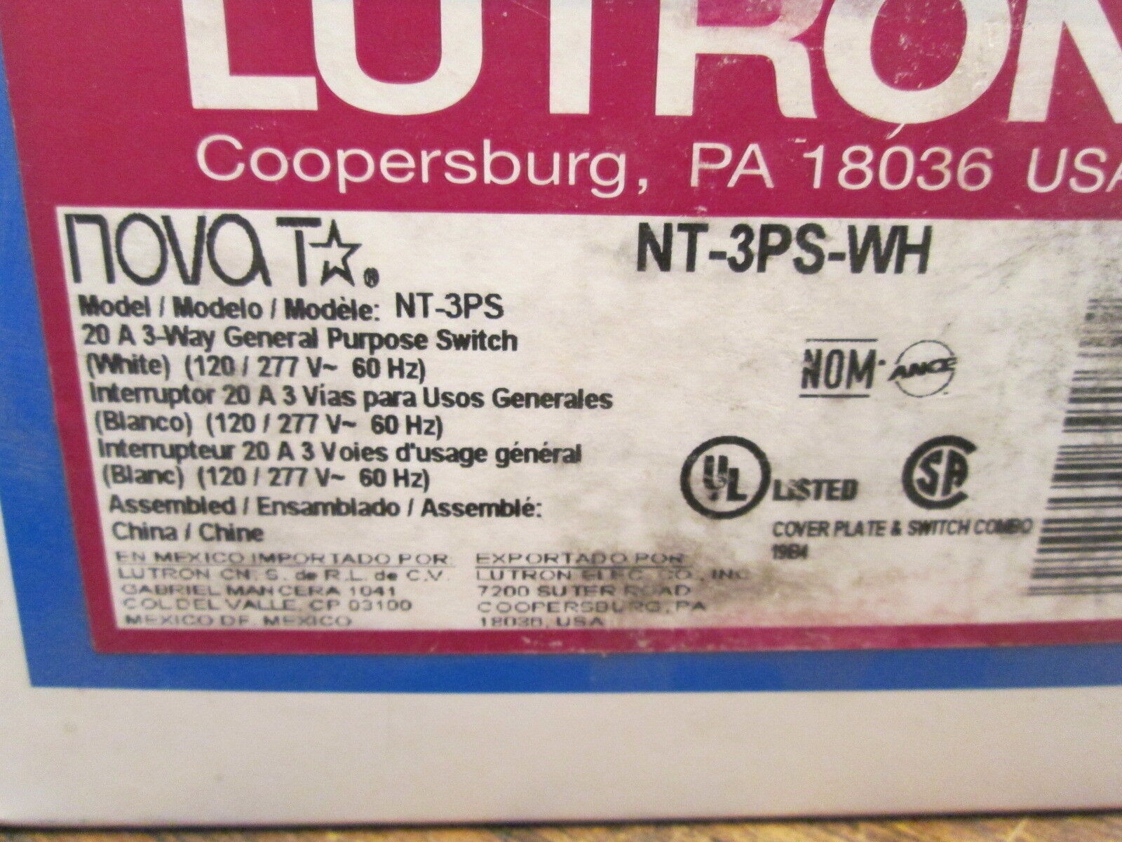 Lutron Nova T 3-Way General Purpose Switch NT-3PS-WH 20A 120/277V New Surplus