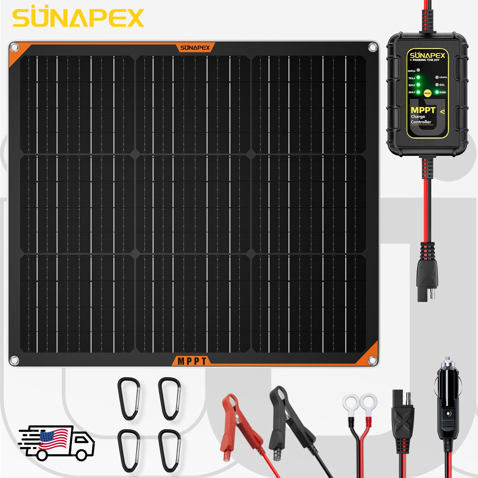 SUNAPEX 50W Flexible Solar Battery Charger Maintaine with MPPT Charge Controller