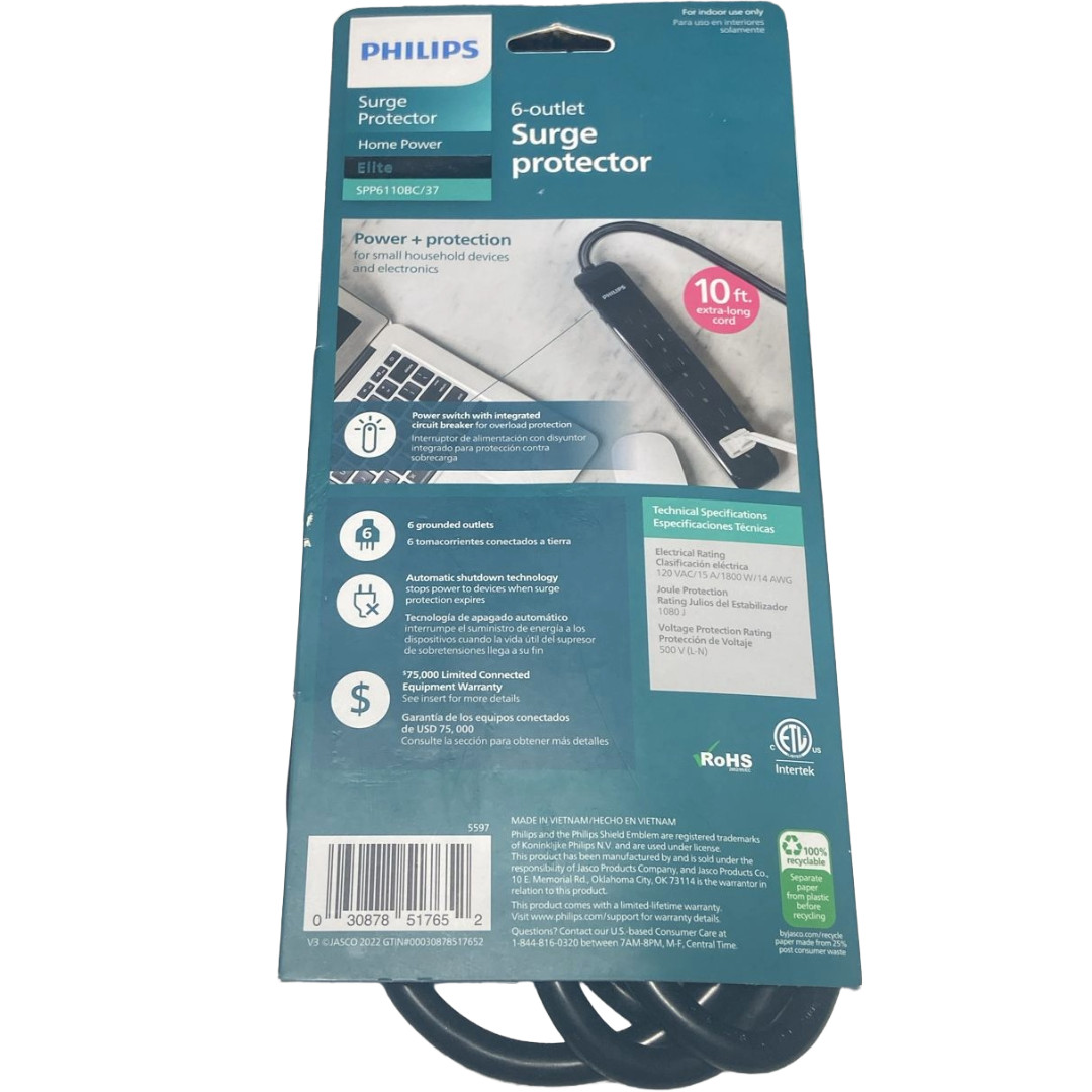Philips 6 Outlet Surge Protector Power Strip 1080J 10FT Cord Black SPP6110BC