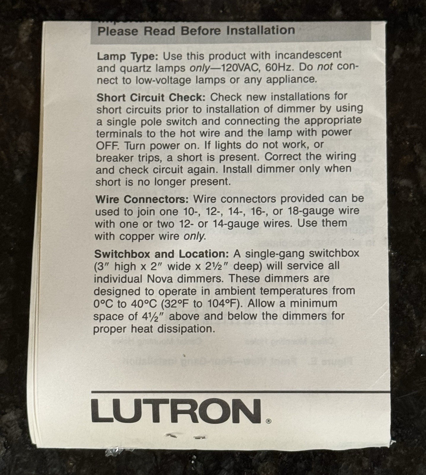 Lutron N-2000-WH – Wall Switch White 120VAC 60Hz With Box & Instructions