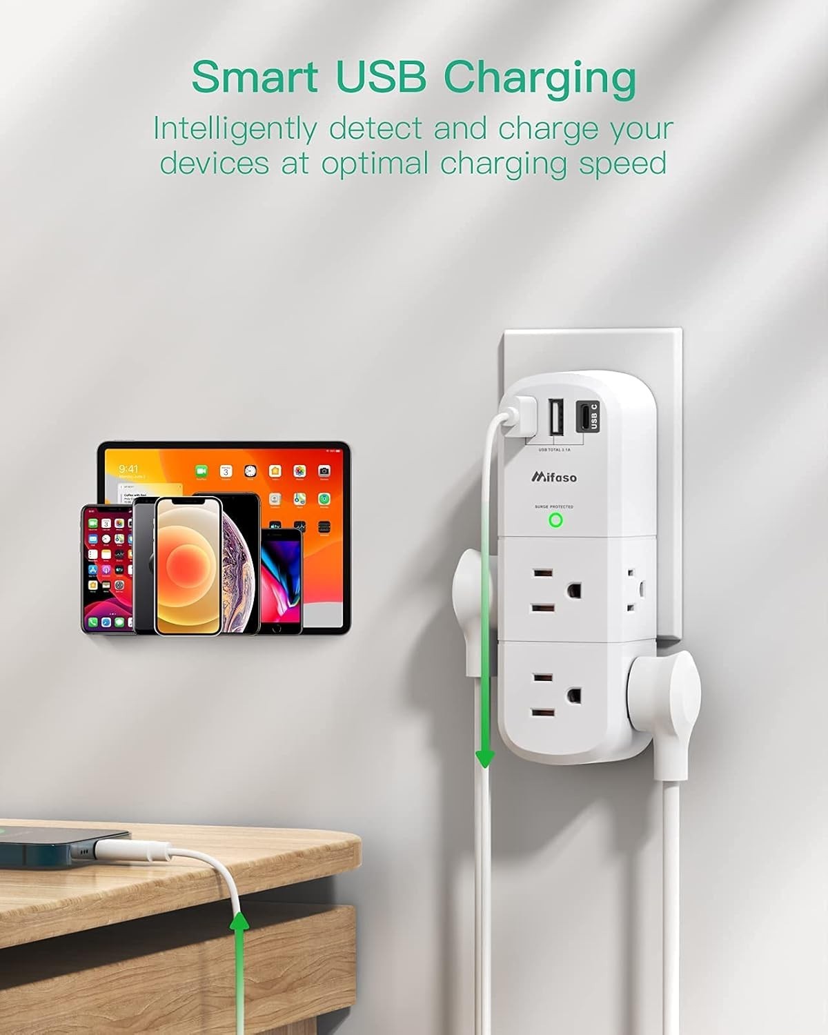 Mifaso USB Power Strip with 9 Outlets – 1800J Surge Protector and Rotating Plug