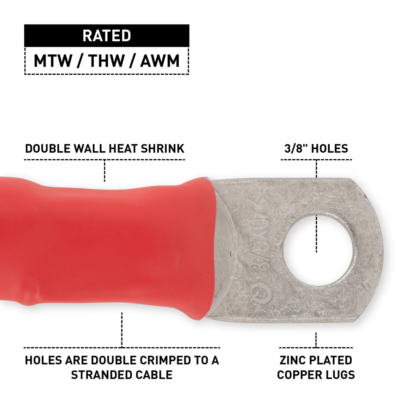 2/0 Red Battery Interconnect Cable 8″ with 3/8″ Lugs ASSEMBLED IN USA