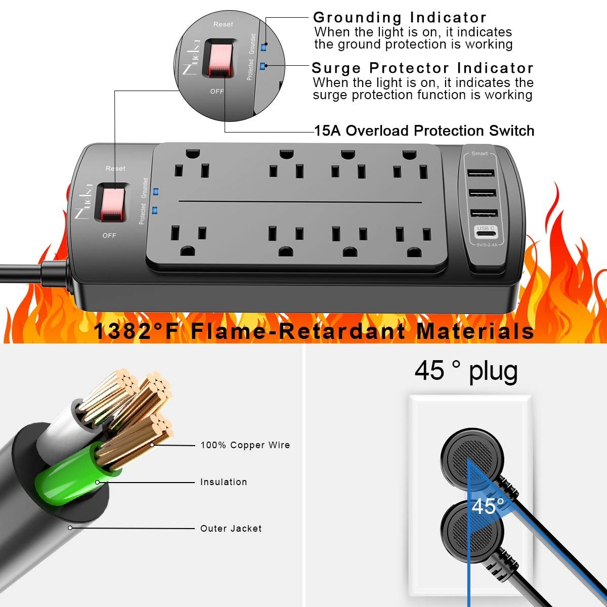 10ft Surge Protector Power Strip, 8 Outlets & 4 USB Ports, Flat Plug, 2700J, Hom