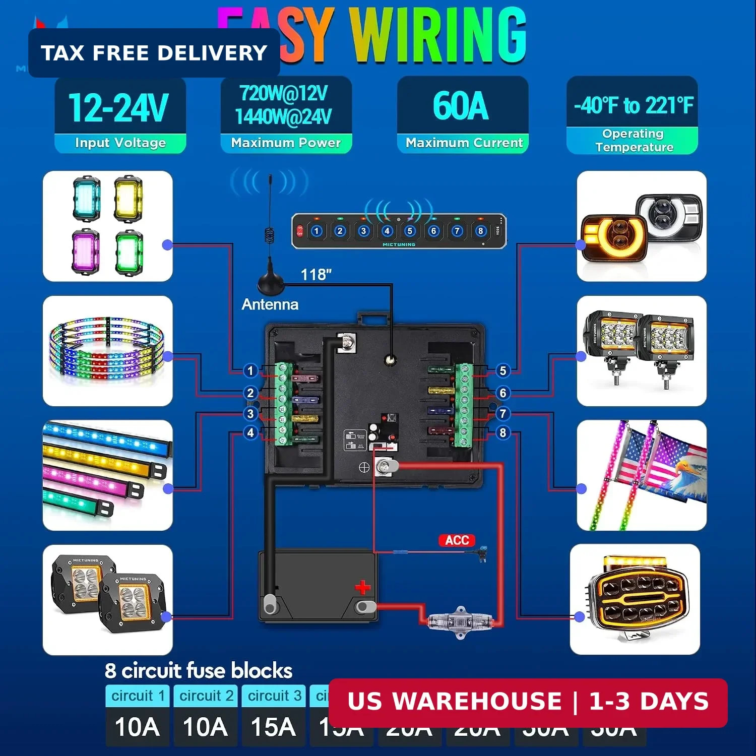 MICTUNING MS-W 8 Gang Wireless Switch Panel Slim Design,208FT Range RGB Auto-dim