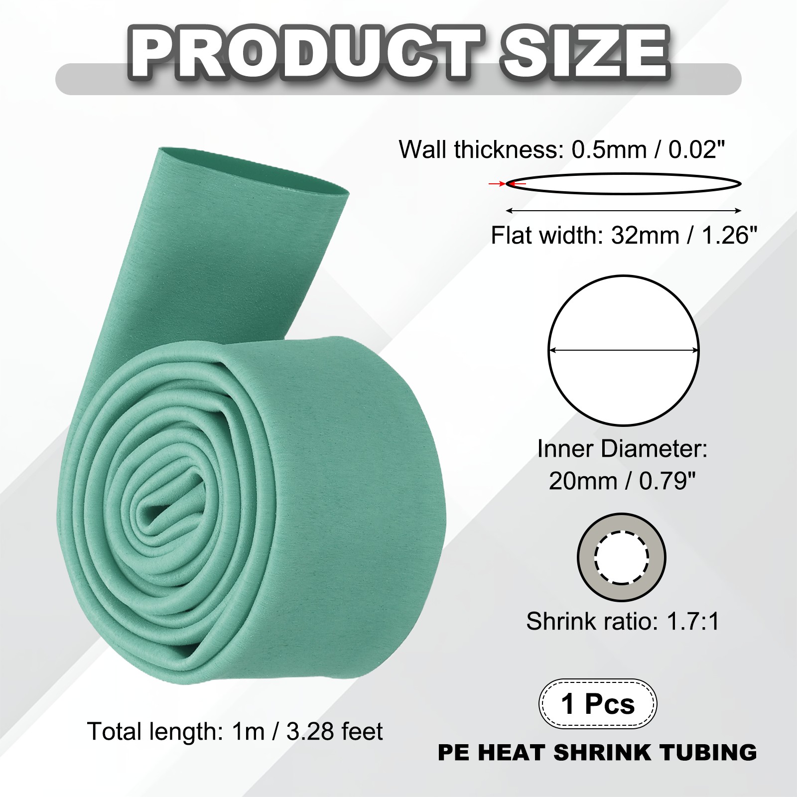 1 Pack of Heat Shrink Tubing L3.28 Feet Inner Dia 20mm 1.7:1 Green Frosted